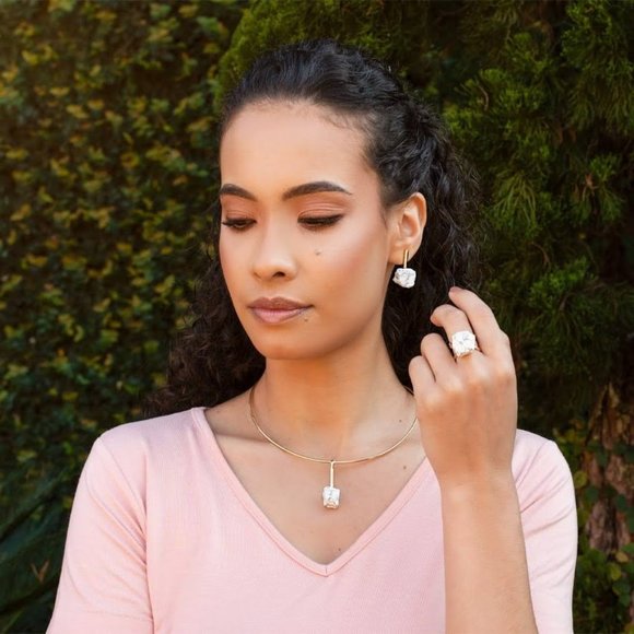 Natural Raw Beige Amazonite 18k Gold Plated Earring and Necklace Set - Picture 4 of 10